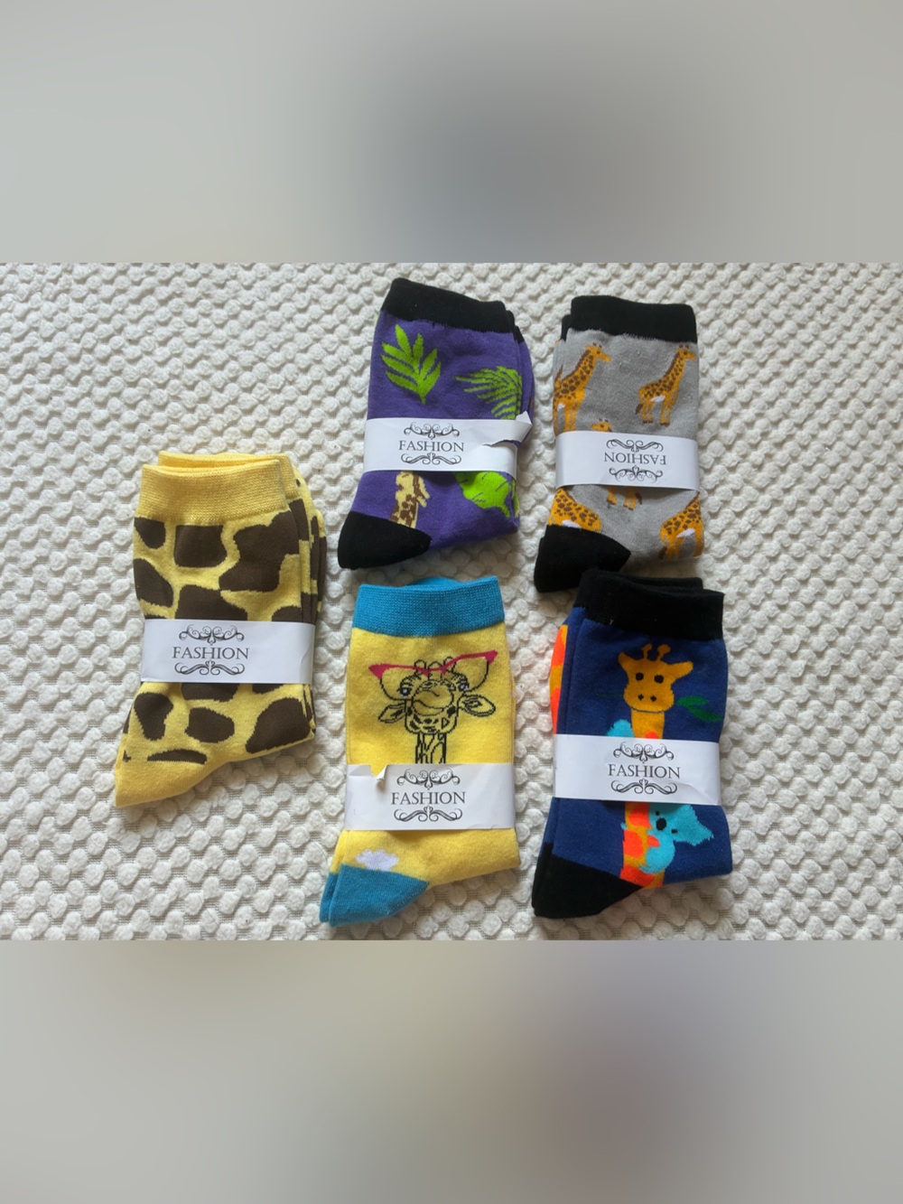 Women's Giraffe & Animal Print Crew Socks - Set of 5